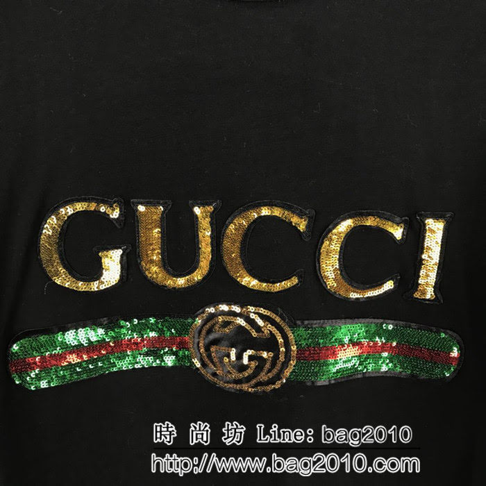 GUCCI古馳 19ss早春新款 燙金亮片LOGO頭短袖 雙股絲光棉面料 定制原版珠片 高版本情侶款 ydi2530